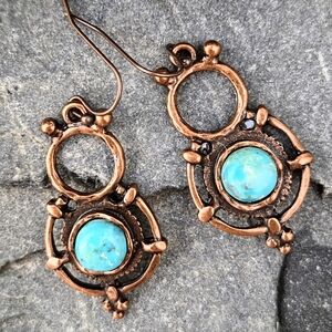 Primitive Elegance Genuine Mojave Turquoise In Forged Antique Copper Earrings